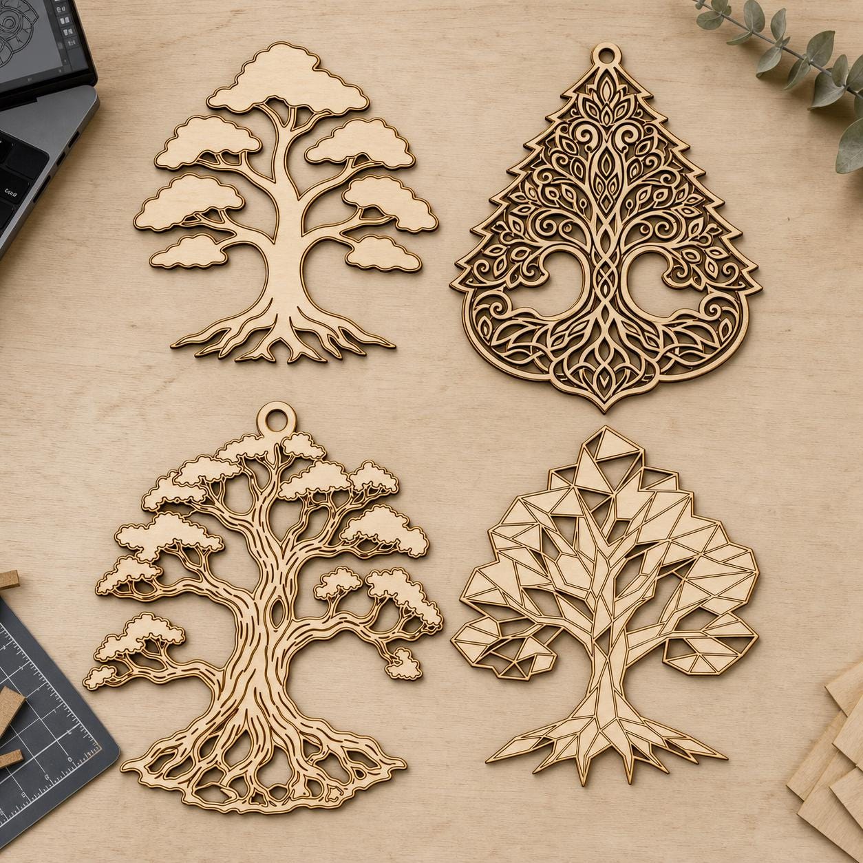 Tree Seasonal Tree Ornament Cnc Design Set SVG DXF Bundle, 4 CNC Cut Files for Laser, Router, Glowforge, Cricut image 2
