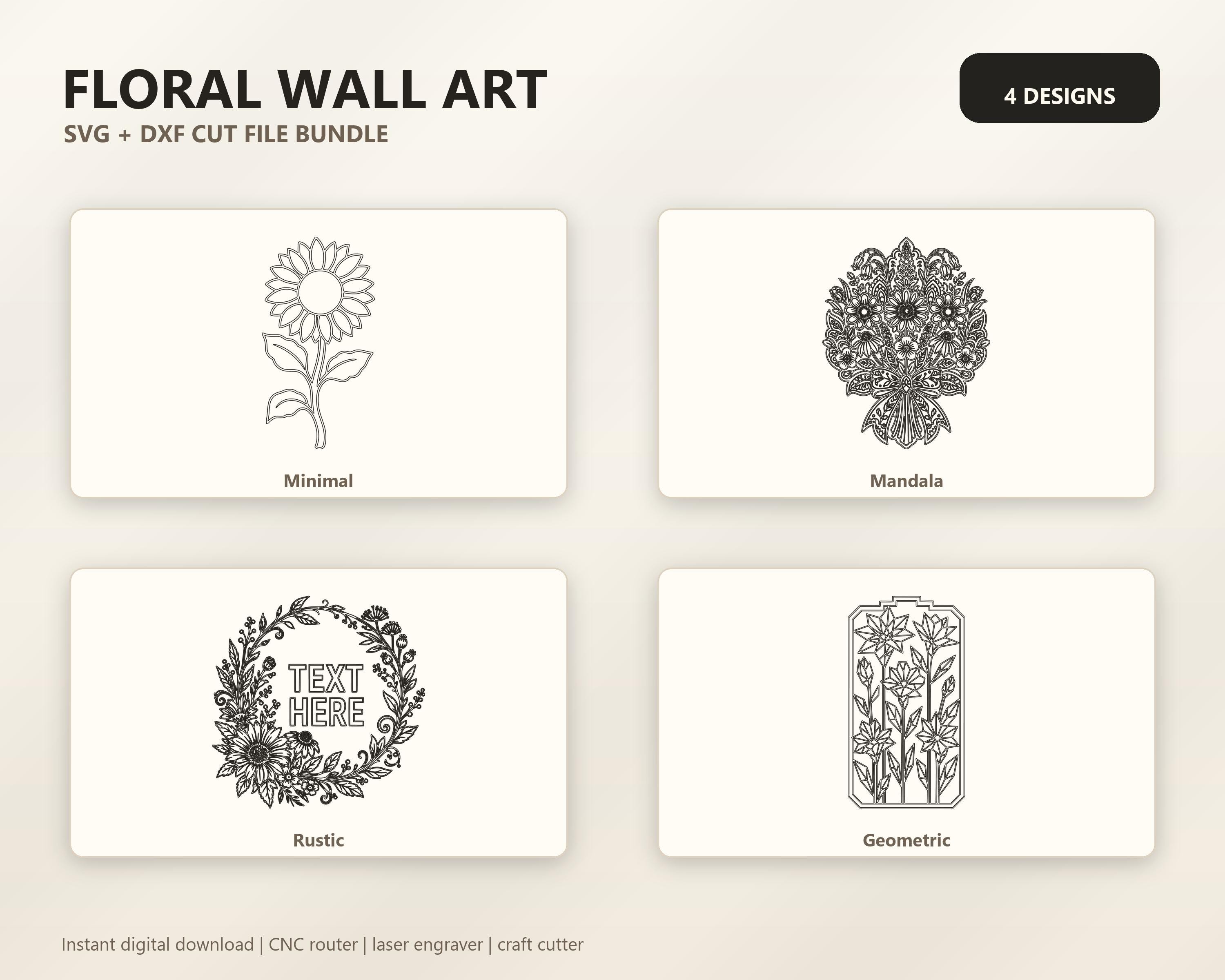 Floral Wall Art DXF SVG Bundle, 4 CNC Cut Files, Laser Engraving, Router, Glowforge, Cricut, Digital Download image 3