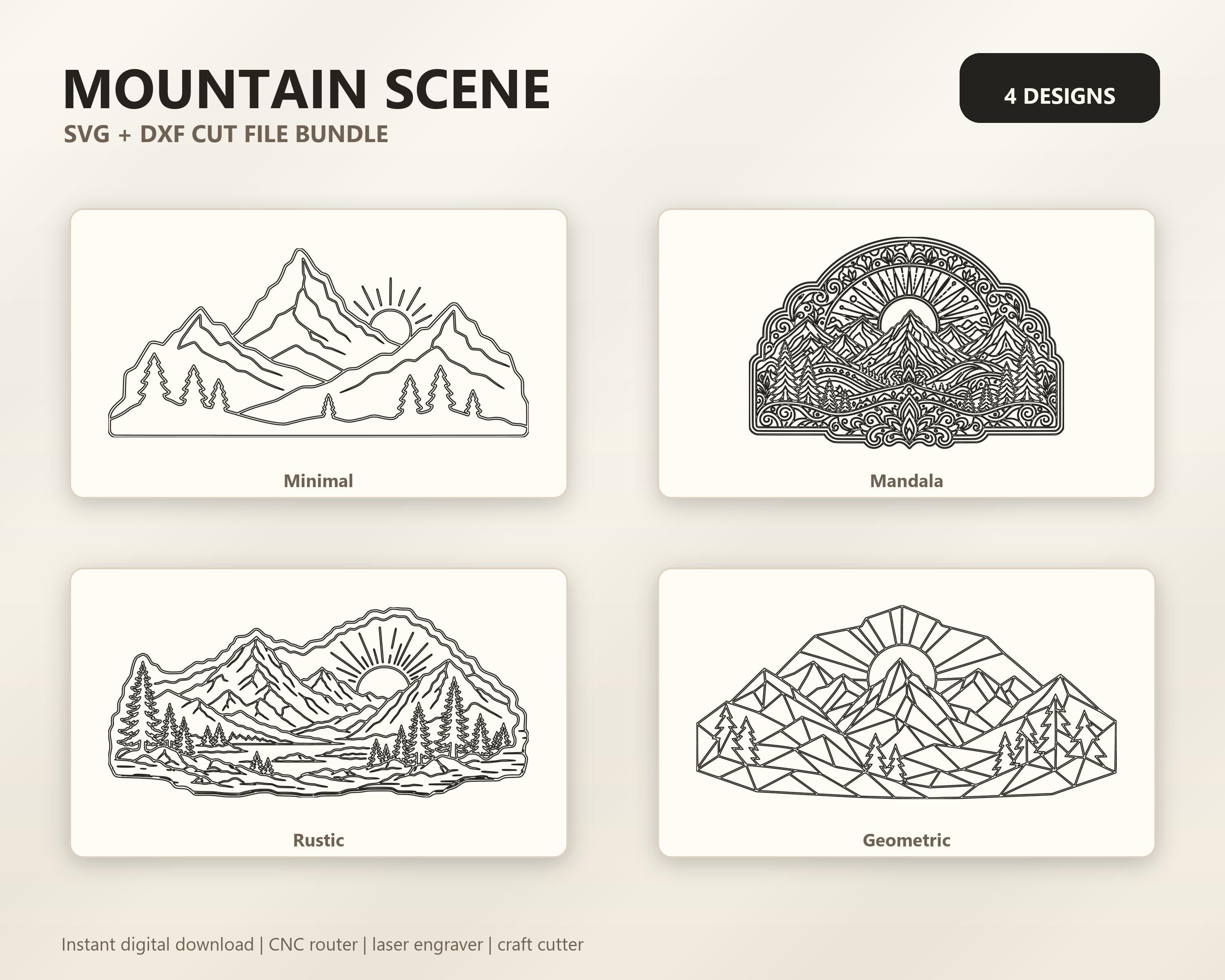 Mountain Scene Sunrise Mountain Outline Router File Bundle SVG DXF Bundle, 4 CNC Cut Files for Laser, Router, Glowforge, Cricut image 6