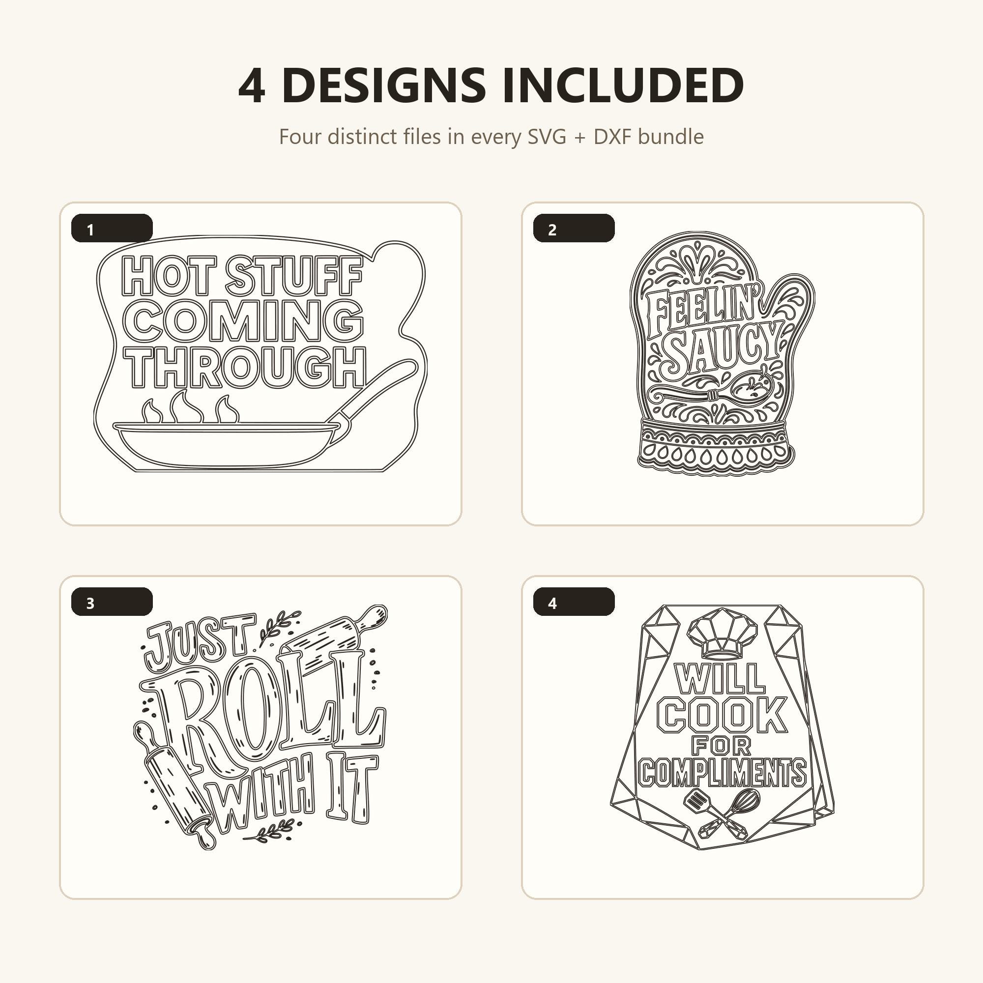 Trivet Oven Mitt Quote SVG DXF Bundle, 4 Funny Kitchen CNC Designs for Magnets, Stickers, Oven Mitts image 6