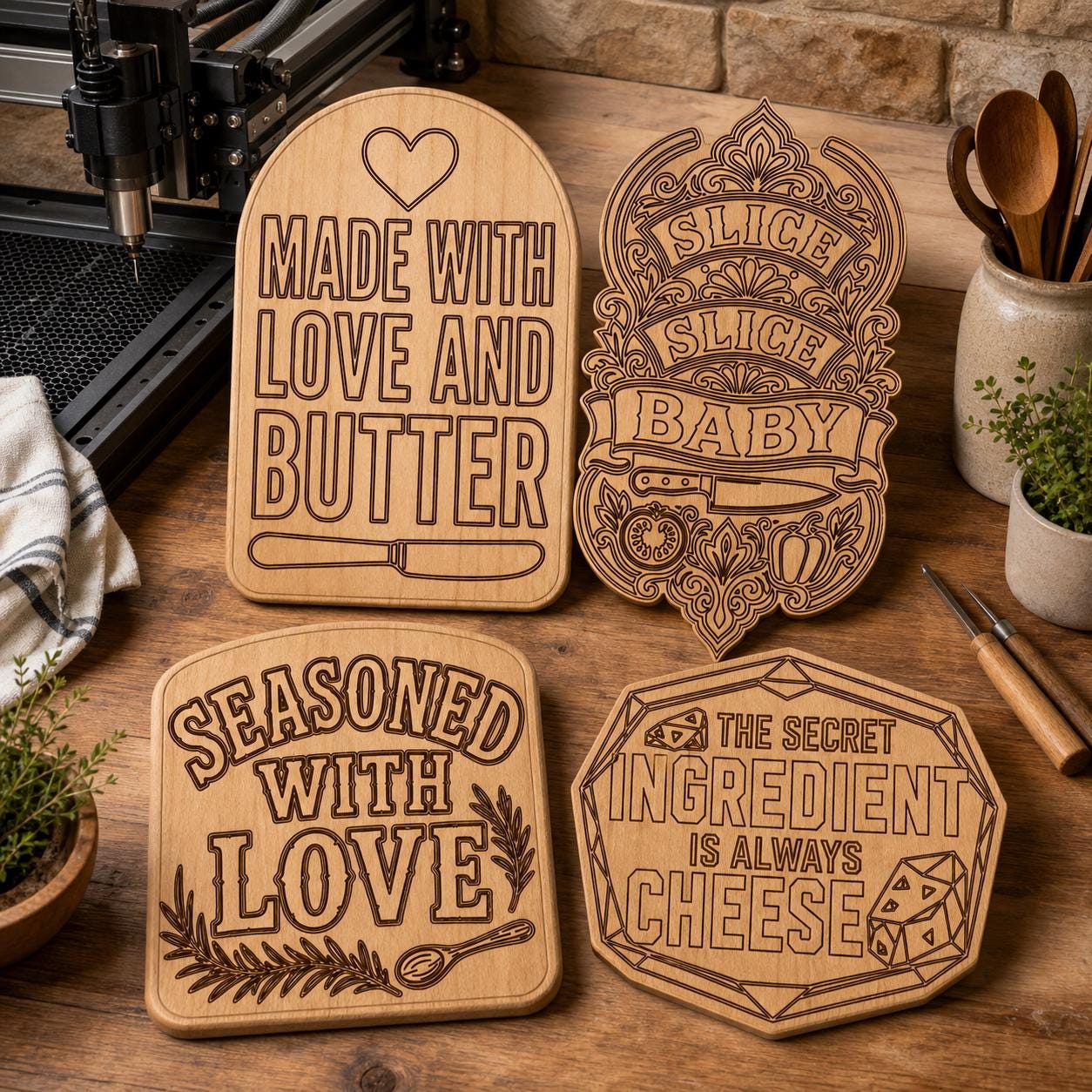Cutting Board Quote SVG DXF Bundle, 4 Funny Kitchen CNC Designs for Magnets, Stickers, Oven Mitts image 3