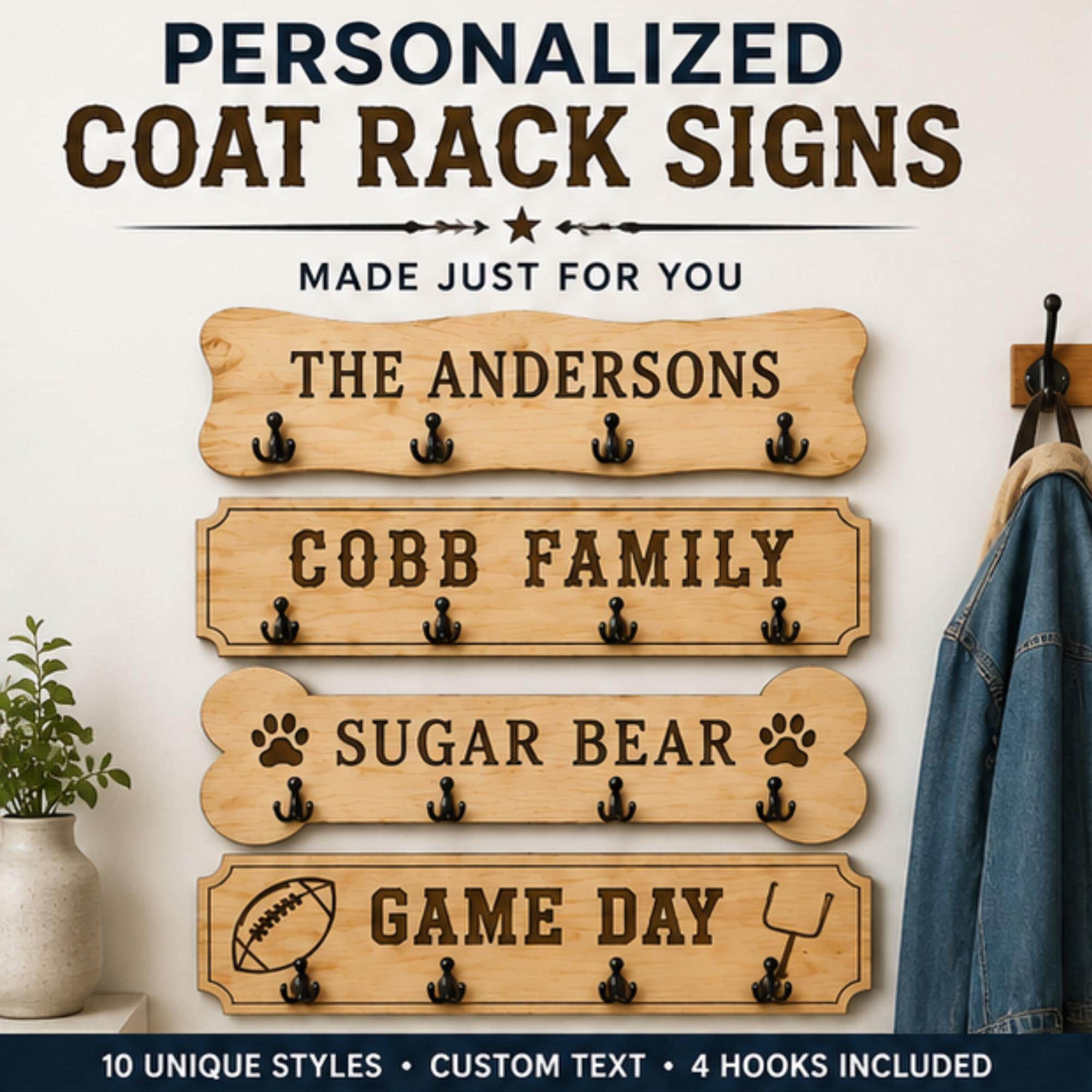 Personalized Coat Rack CNC Files – 10 Designs, Custom Name – DXF & STL Digital Download