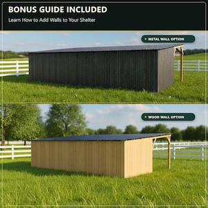 May include: A rectangular outdoor shelter with a slanted roof, featuring two wall variations. The top image shows a dark gray corrugated metal wall option, while the bottom image displays a light brown vertical wood wall option.