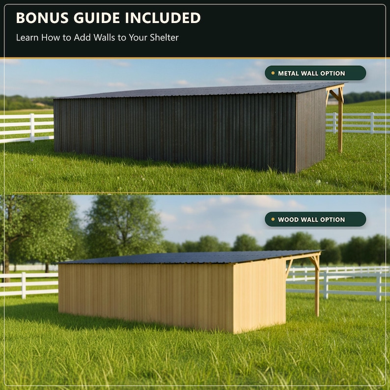 May include: A rectangular outdoor shelter with a slanted roof, featuring two wall variations. The top image shows a dark gray corrugated metal wall option, while the bottom image displays a light brown vertical wood wall option.