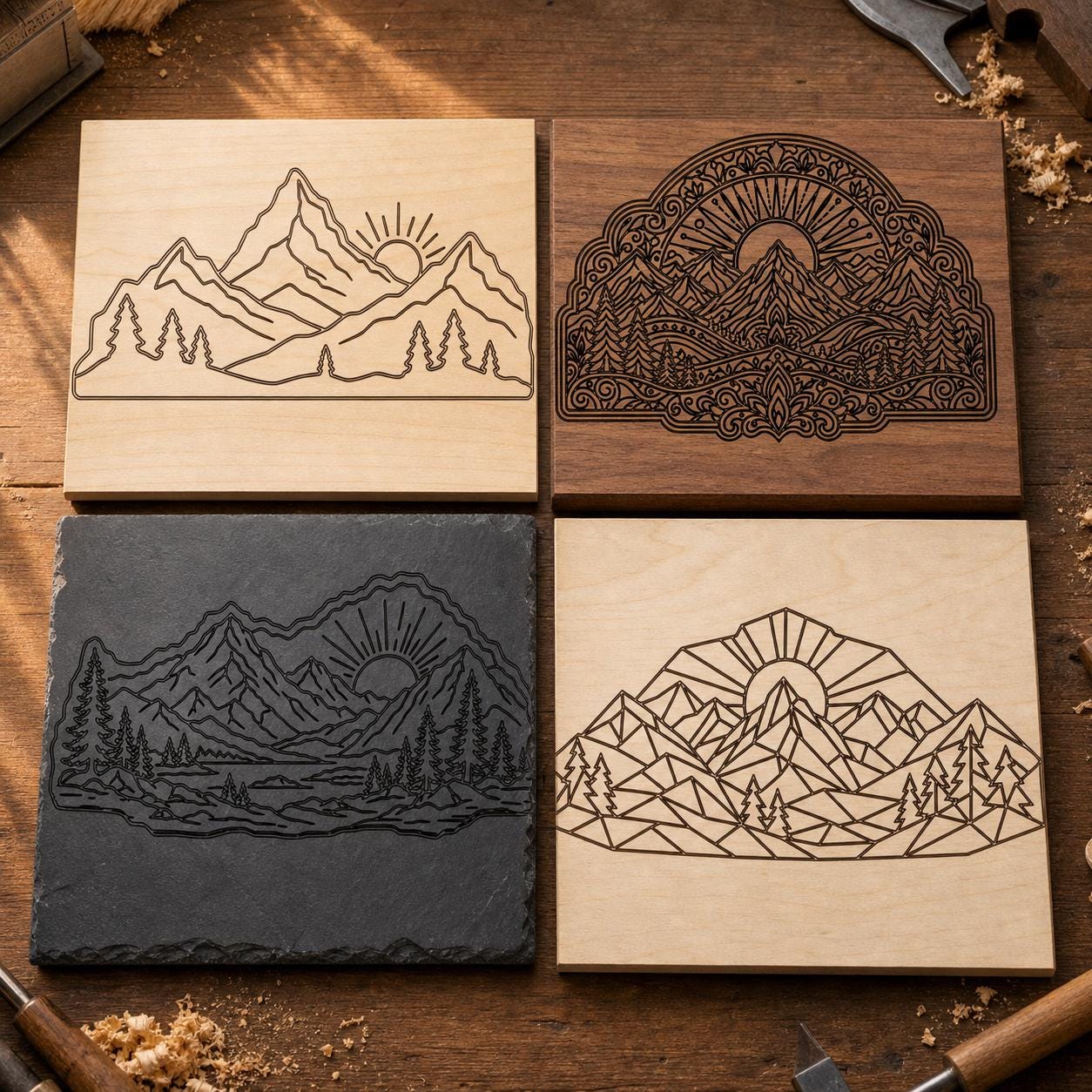 Mountain Scene Sunrise Mountain Outline Router File Bundle SVG DXF Bundle, 4 CNC Cut Files for Laser, Router, Glowforge, Cricut image 2