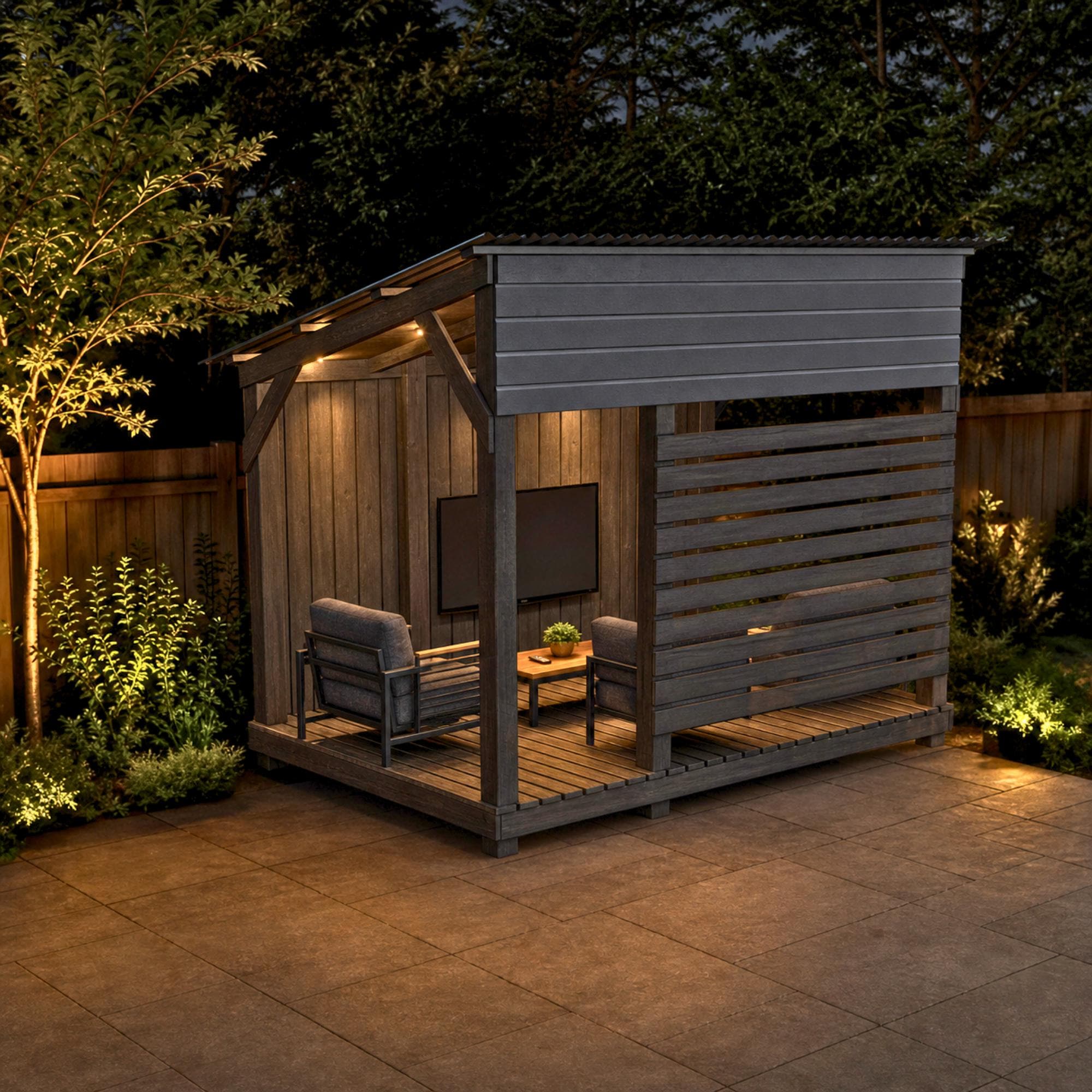 12x8 Shadow Porch Plans, DIY Outdoor Patio Shelter Build Guide, Backyard Pergola Gazebo Blueprint, Privacy Screen + 3D Model image 3