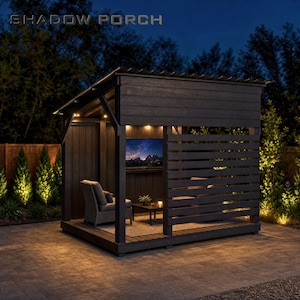 12x8 Shadow Porch Plans, DIY Outdoor Patio Shelter Build Guide, Backyard Pergola Gazebo Blueprint, Privacy Screen + 3D Model