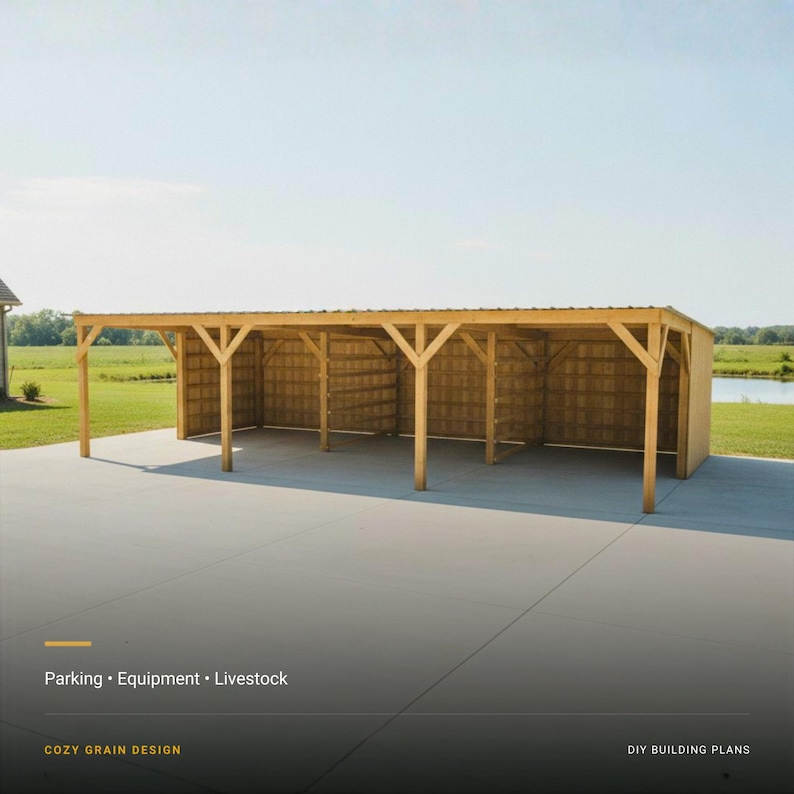 May include: A wooden open-sided shelter with a flat roof and support beams, featuring text that reads Parking &bull; Equipment &bull; Livestock, COZY GRAIN DESIGN, and DIY BUILDING PLANS. The structure is positioned on a concrete slab in a field.