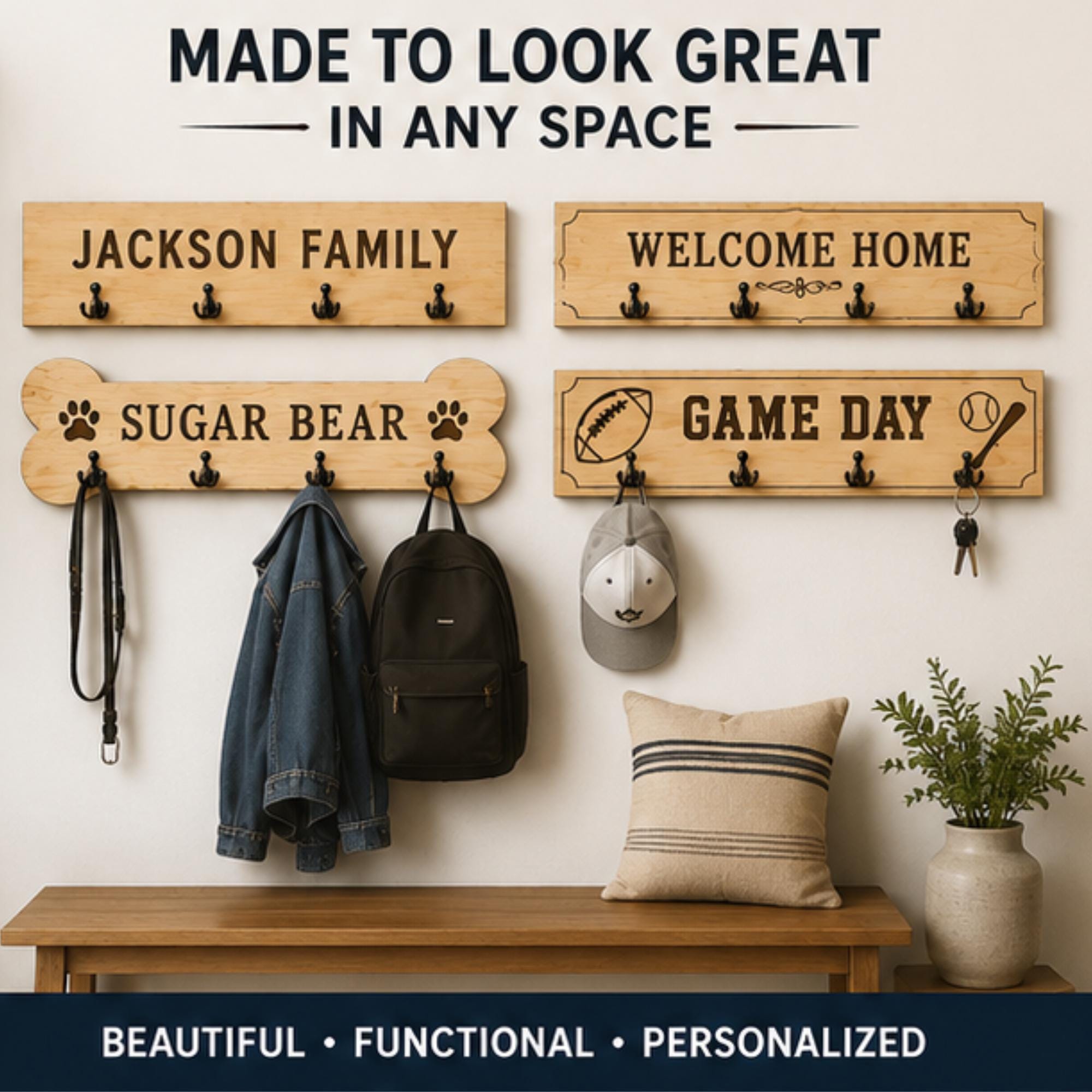 Personalized Coat Rack CNC Files – 10 Designs, Custom Name – DXF & STL Digital Download image 2