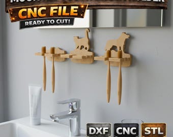 Gemonteerde tandenborstelhouder CNC + 3D-printerbestanden: ontwerp hond kat - aangepaste tekst (DXF+STL)