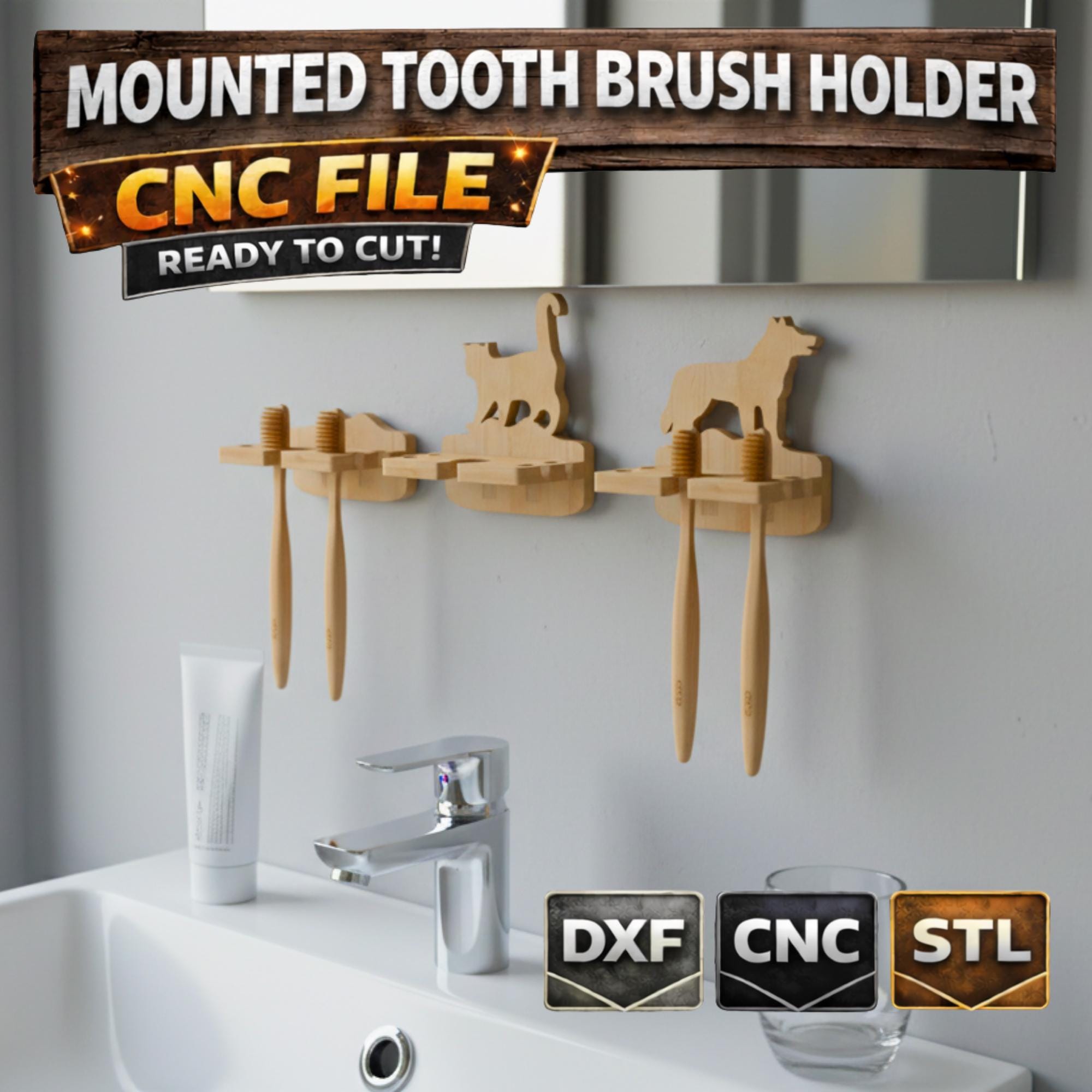 Pet-Themed Toothbrush Holder CNC Files, Dog and Cat Design, Custom Text, DXF and STL Digital Download image 2