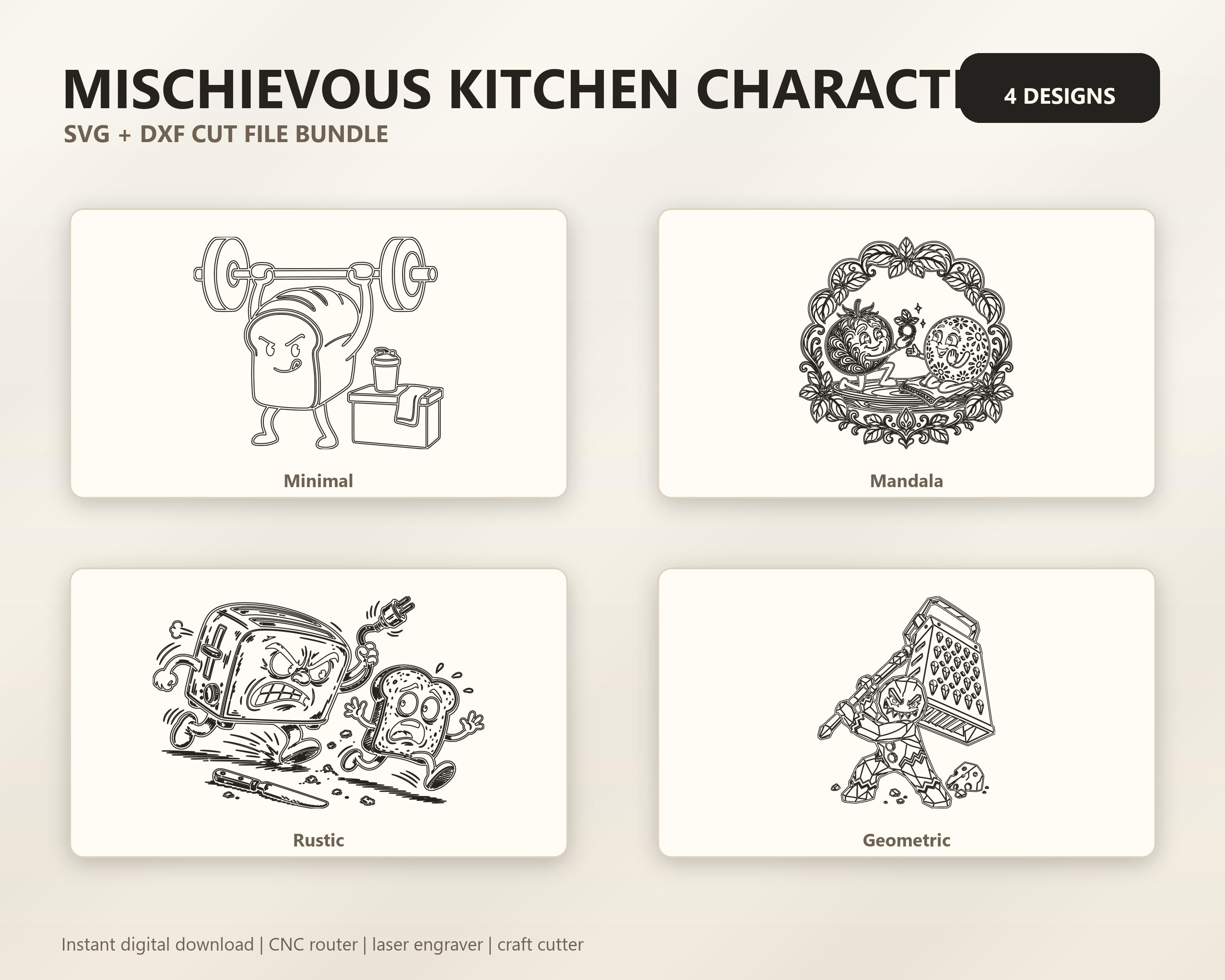 Mischievous Kitchen Character SVG DXF Bundle, 4 Funny Kitchen CNC Designs for Magnets, Stickers, Oven Mitts image 6