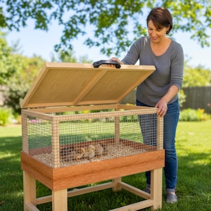 May include: A rectangular wooden chicken brooder box with a hinged lid and a black handle. The structure features wire mesh sides, a light-colored wooden frame, and a reddish-brown base. Inside, several small yellow chicks rest on wood shavings.