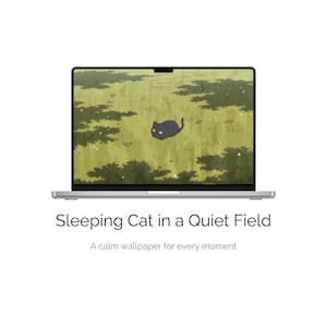 Puede incluir: Un portátil plateado muestra un fondo de pantalla de un gato negro durmiendo en un campo verde con plantas y hojas. El texto "Sleeping Cat in a Quiet Field" y "A calm wallpaper for every moment" están debajo.