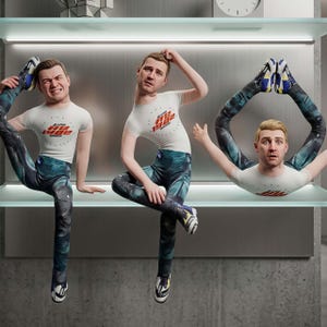 May include: Three figures in white t-shirts with the text "#Free 1982" and patterned leggings are posed on a shelf. The figures are in various contorted positions, with one figure's legs forming a circle. The background is a neutral grey.