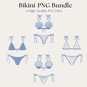 May include: A digital collection titled Bikini PNG Bundle 4 High-Quality PNG Files featuring blue line art illustrations of three distinct bikini sets. The designs include a seashell-shaped top, a gingham check pattern, and a polka dot pattern.