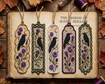 May include: Five rectangular bookmarks with intricate lattice patterns, each featuring a black crow, purple thistle flowers, and a small crescent moon. The bookmarks are crafted in gold, green, white, and purple, and are displayed on an open book.