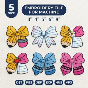 Può includere: Un file di ricamo per macchina con sei disegni di fiocchi, inclusi motivi a matita, carta a righe e pastelli a cera. Il testo riporta 5 SIZE, EMBROIDERY FILE FOR MACHINE, 3" 4" 5" 6" 8" e i formati di file DST, PES, JEF, EXP, HUS, VP3.