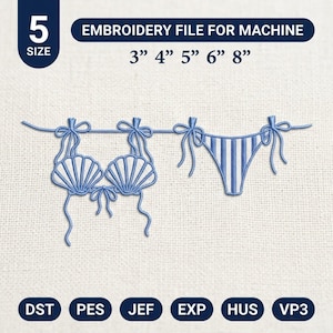 May include: An embroidery file for machine featuring a light blue bikini design with shell-shaped cups and striped bottoms hanging on a line. Text includes 5 SIZE, EMBROIDERY FILE FOR MACHINE, 3" 4" 5" 6" 8", and file formats DST, PES, JEF, EXP, HUS, VP3.