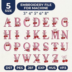 May include: An embroidery file for machine featuring the alphabet from A to Z in a pink serif font. Each letter is decorated with a pair of red cherries and a light pink bow. The text 5 SIZE 3" 4" 5" 6" 8" and file formats DST, PES, JEF, EXP, HUS, VP3 are visible.