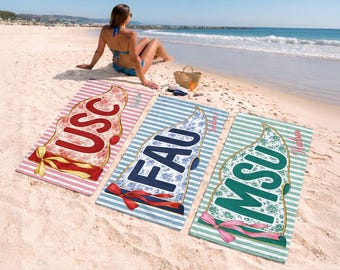 Custom College Pennant Beach Towel, High School Graduation Gift for Her, Personalized Striped University Pool Towel, Sorority Grad Gift