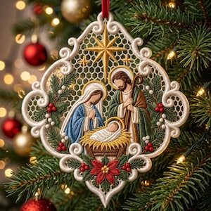 May include: A cream-colored lace Christmas ornament featuring an embroidered nativity scene with Mary, Joseph, and the infant Jesus in a manger. The design includes a gold star, green pine branches, red holly berries, and a red poinsettia.