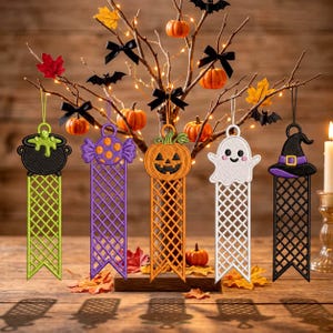 Halloween FSL Bookmark Embroidery Design Bundle, Free Standing Lace Ghost Pumpkin Witch Cauldron, 6 Sizes Machine Files Pes Dst Jef