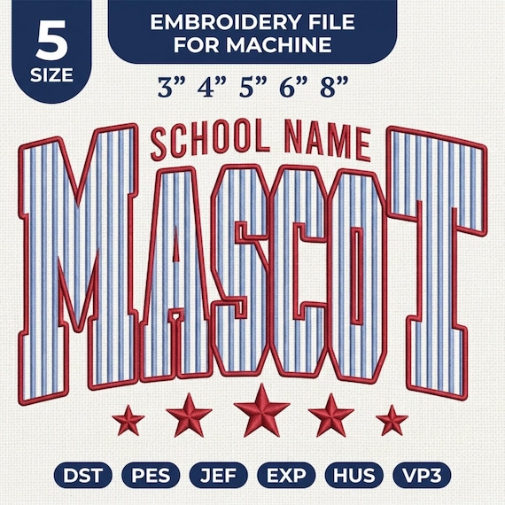 Custom Mascot School Name Embroidery Design, Striped Team Spirit Machine File, Personalized Game Day Sports Stitch Pattern, PES DST EXP