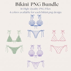 Könnte beinhalten: Ein digitales Set mit Bikini-Illustrationen, bestehend aus 16 hochwertigen PNG-Dateien in 4 Farbvarianten. Die Designs umfassen Oberteile in Muschelform, Vichy-Karomuster und Punkte, die alle als Strichzeichnungen dargestellt sind.
