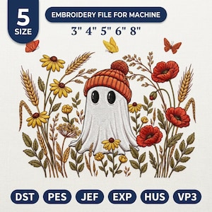 Motif de broderie fantôme floral d'automne, fichier de broderie machine fantôme mignon avec bonnet de fleurs sauvages, motif botanique d'automne, PES DST téléchargement instantané