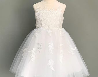 Flower Girl Dress Ivory Tulle Lace Applique Bridesmaid Dress V Back MJ07