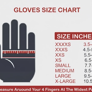 Puede incluir: Una tabla de tallas de guantes con una silueta de mano y un gr&aacute;fico de regla. La tabla enumera las tallas de guantes de XXXXS a X-LARGE, con medidas correspondientes en pulgadas, que van de 8,9 a 29,2 cm. El texto dice: "Mida alrededor de sus 4 dedos en la parte m&aacute;s ancha."