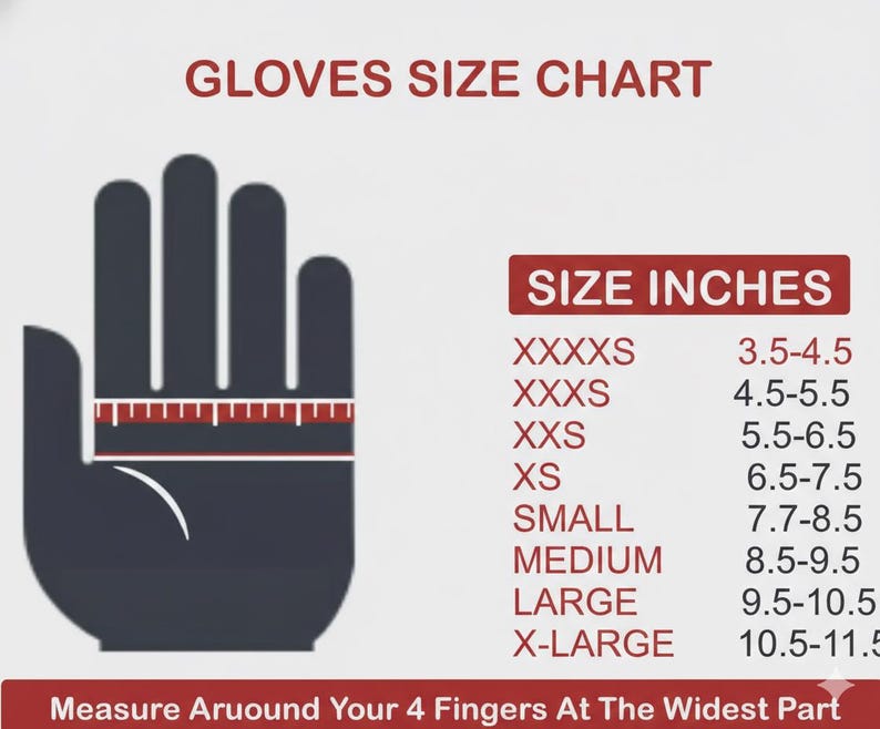 Puede incluir: Una tabla de tallas de guantes con una silueta de mano y un gr&aacute;fico de regla. La tabla enumera las tallas de guantes de XXXXS a X-LARGE, con medidas correspondientes en pulgadas, que van de 8,9 a 29,2 cm. El texto dice: "Mida alrededor de sus 4 dedos en la parte m&aacute;s ancha."