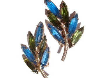 Olive and Blue JULIANA Rhinestone Leaf Vintage Earrings
