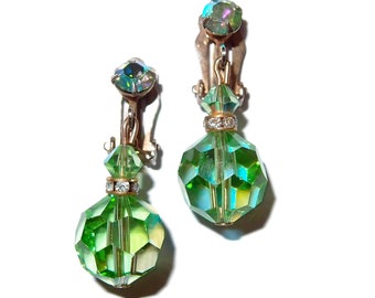 Green Crystal Drop Earrings with Rhinestone Rondels