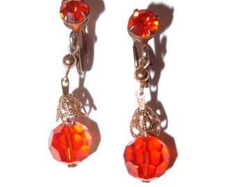 Orange Crystal Bead Dangle Vintage Clip-on Earrings