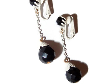 White Dangles with Black Bead Crystal Vintage Earrings