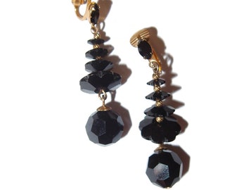 Saucer Crystal Black Dangle Clip-on Vintage Earrings