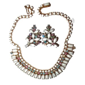 Milk Glass and Multicolor Pastel Rhinestones Necklace Earring Set