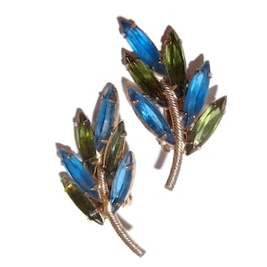 Olive and Blue JULIANA Rhinestone Leaf Vintage Earrings