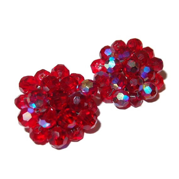 Red AB Crystal Cluster Vintage Clip-on Earrings - image 2