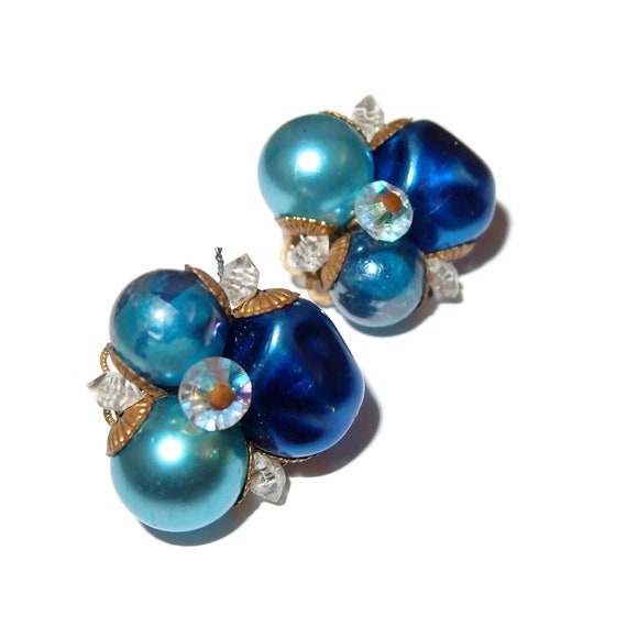 Three Tone Blue Bead and Crystal Vintage Clip-on … - image 2