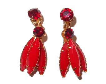 Red Feathered Rhinestone Drop Vintage Clip-on Earrings