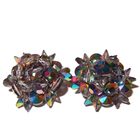 Spiked Rainbow Crystal Vintage Clip-on Earrings - image 1