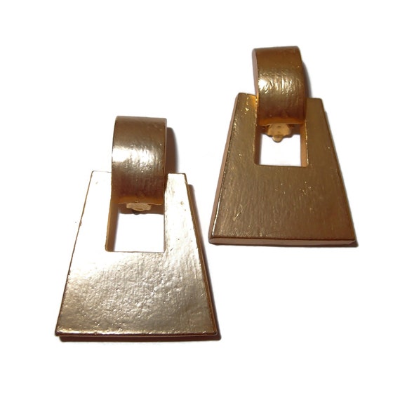 Gold-tone LARGE  80s Square Clip-on Earrings - image 2