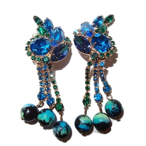 JULIANA Green Blue Rhinestone Beaded Drop Vintage Earrings