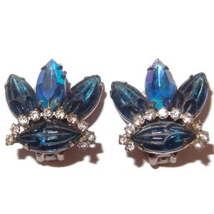 Crown Shaped Blue Molded Glass Vintage Earrings