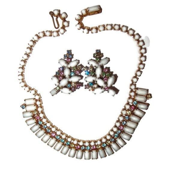 Milk Glass and Multicolor Pastel Rhinestones Necklace Earring Set