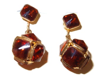 Deep Orange Volcanic Rhinestone Drop Vintage Earrings
