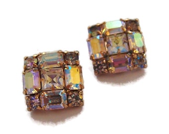 Square Aurora Borealis Rhinestone Vintage Clip-ons